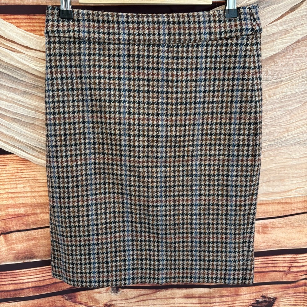 J. Crew No. 2 Pencil Black/Tan Multi Houndstooth 100% Wool Blend Skirt Lined Sz2 - Picture 1 of 8